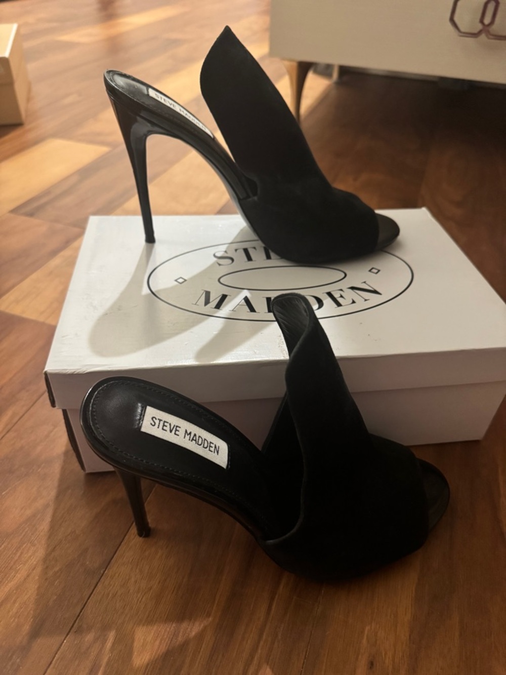 Steve Madden Black Suede Peep-Toe Stiletto Mules